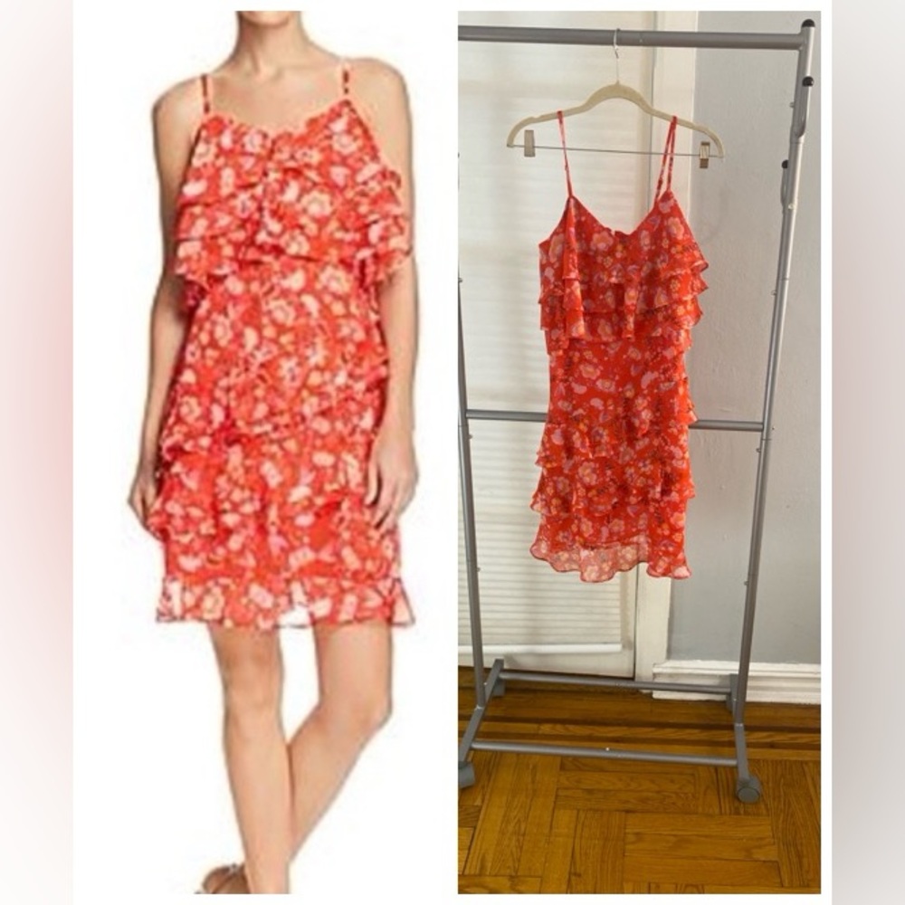 AQUA Floral Red Ruffle Dress. M